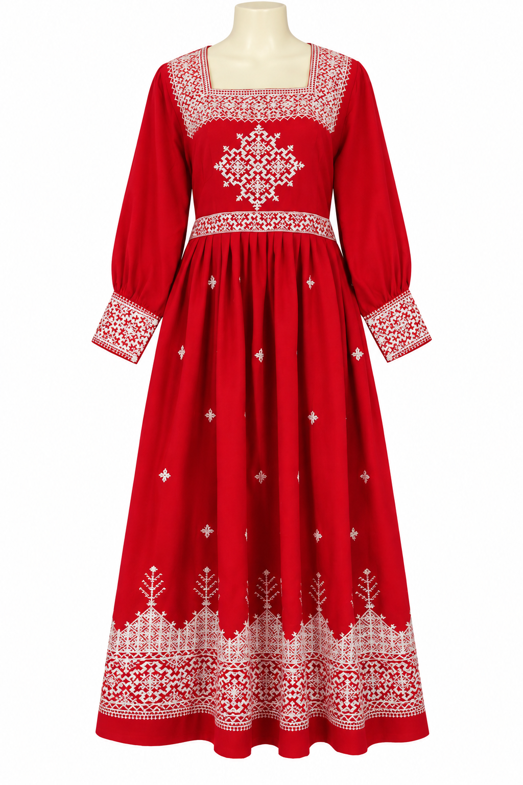 Traditional Afghan Red Embroidered Dress for Women – Handmade Afghan Cultural Dress with White Embroidery