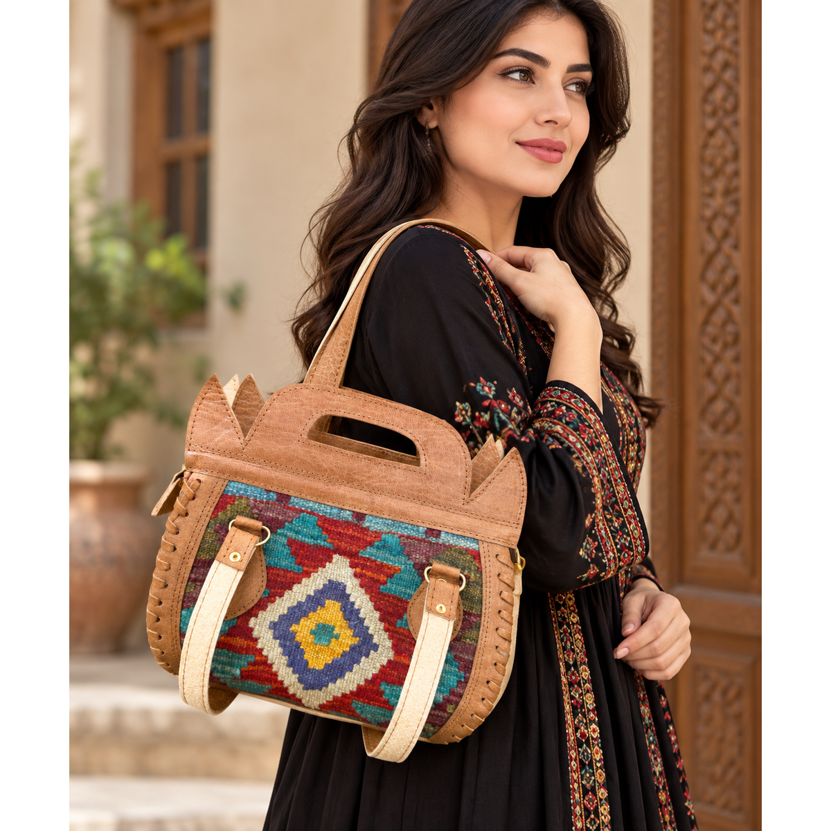 Handmade Afghan Kilim Leather Handbag – Traditional Multicolor Tribal Tote Bag for Women