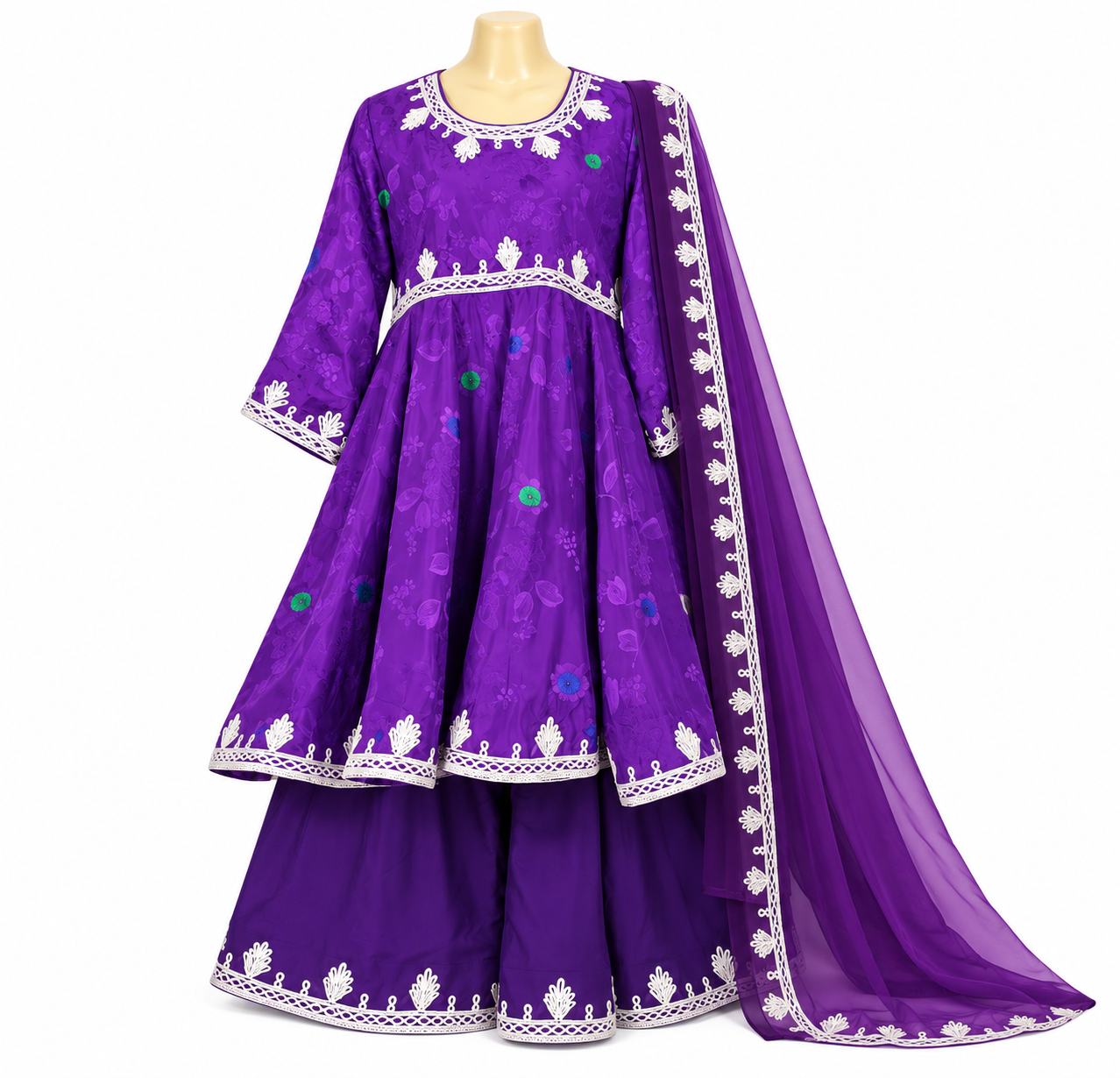 Traditional Afghan Purple Embroidered Dress Set for Women – Handmade Cultural Outfit with Matching Pants & Dup