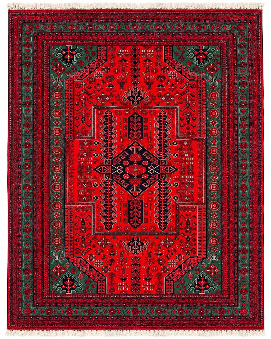 Traditional Afghan Floral Medallion Rug – Oriental Carpet with Geometric Border