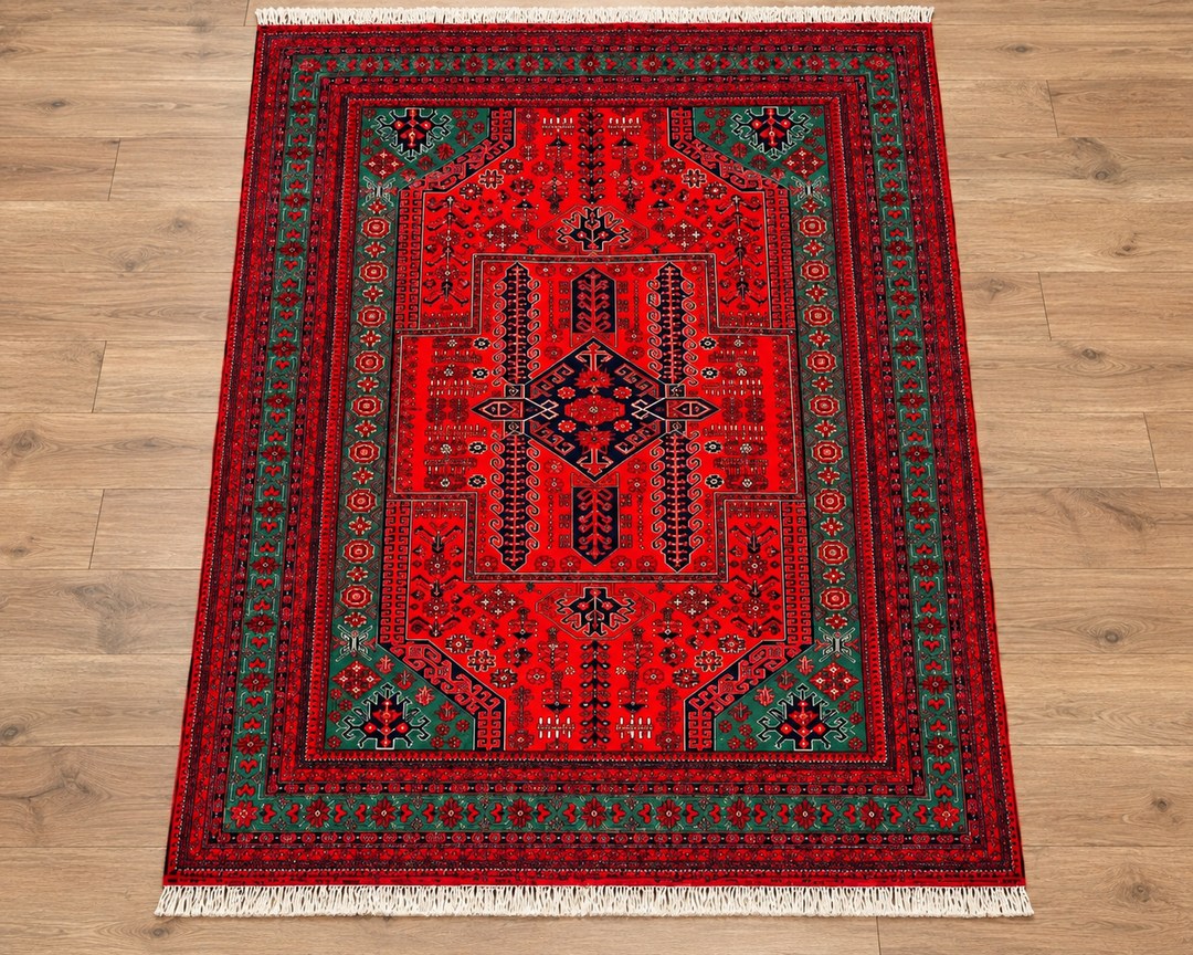 Traditional Afghan Handwoven Red Geometric Wool Rug