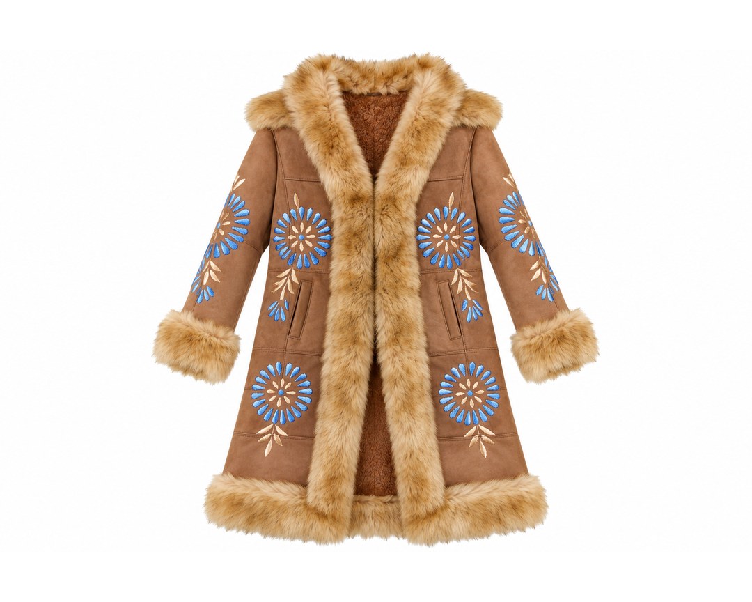 Handmade Afghan Sheepskin Coat with Fur Trim & Traditional Embroidery