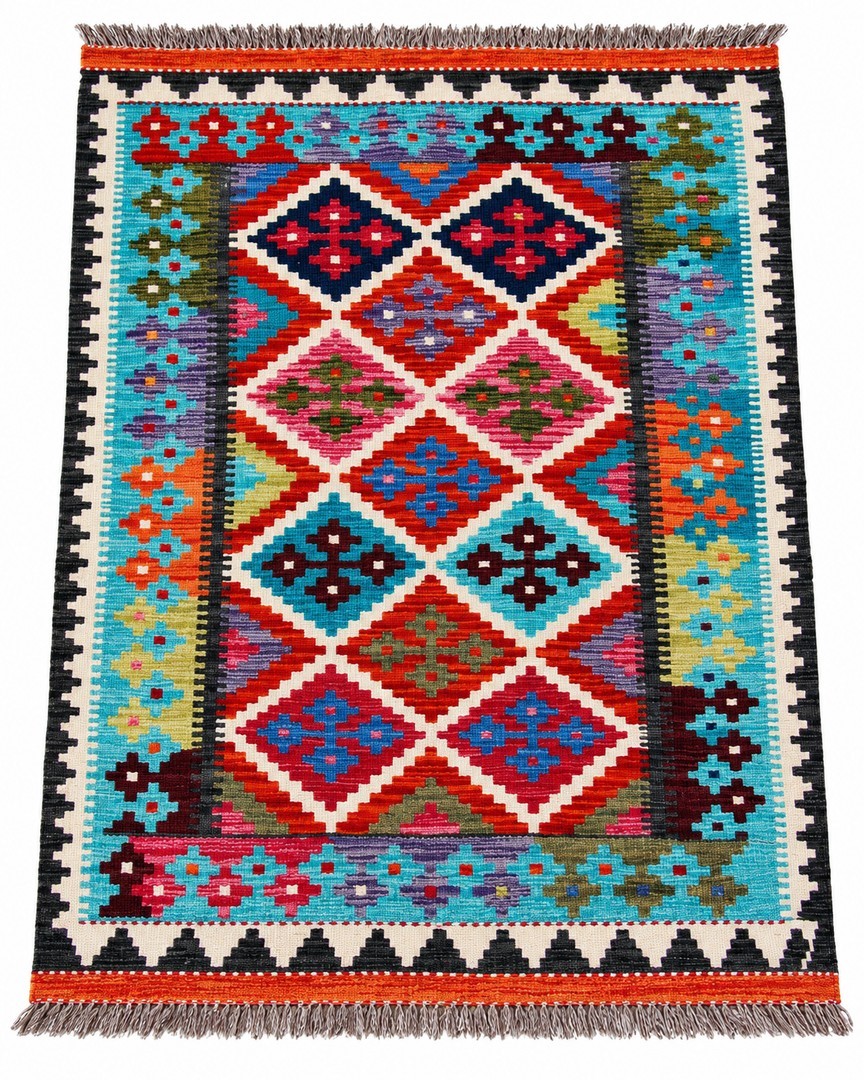 Handmade Afghan Kilim Rug – Traditional Geometric Design, Colorful Wool Flatweave Carpet
