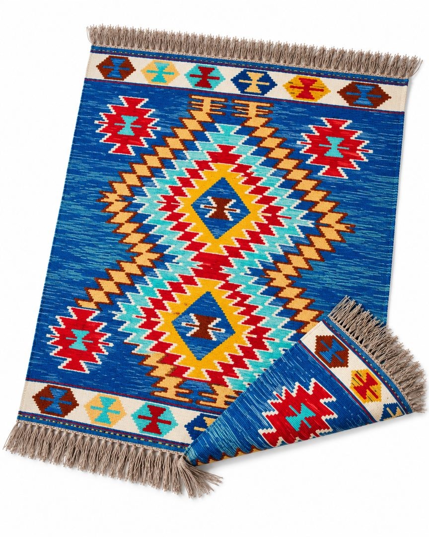 Handmade Afghan Blue Kilim Rug – Traditional Geometric Pattern & Colorful Tribal Design