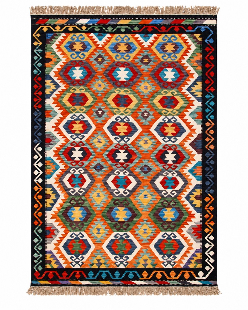 WASAL Handmade Afghan Kilim Rug Multicolor Geometric Tribal Design, Black Border Flatweave Carpet