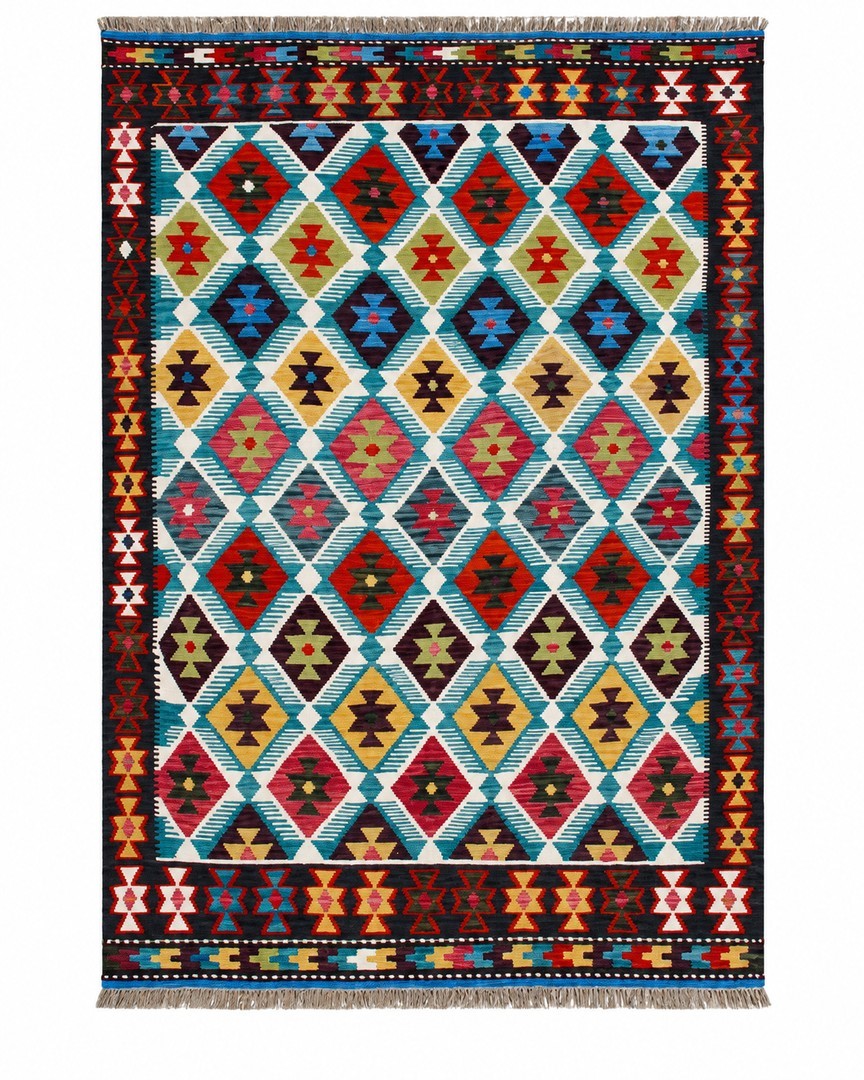 WASAL Handmade Afghan Kilim Rug, Traditional Geometric Diamond Pattern, Multicolor Flatweave Wool Carpet with Colorful Tribal De