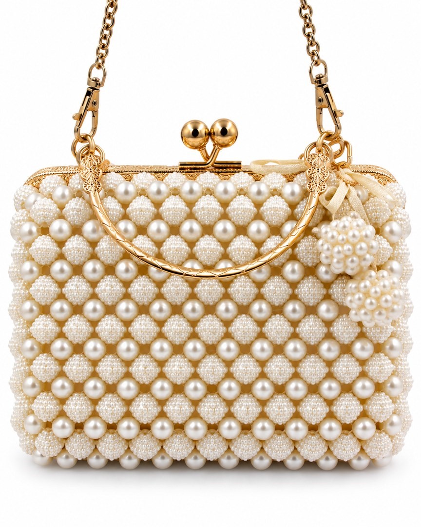 Elegant Ivory Pearl Beaded Evening Bag with Gold-Tone Chain Strap, Decorative Pearl Accents, and Kiss-Lock Closure – Luxury Brid